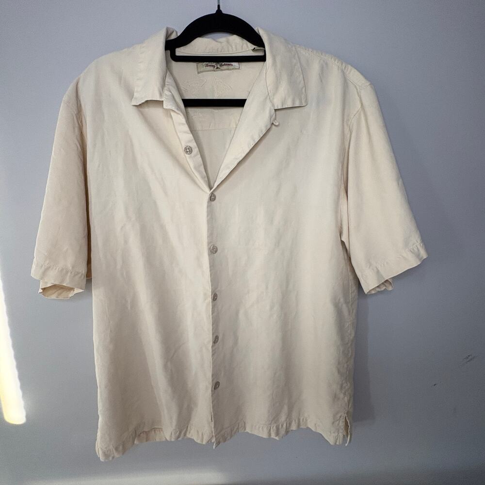 Tommy Bahama Men's L 100% Silk Ivory Tonal Jacquard Camp Shirt Short Sleeve